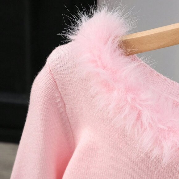 Pink Casual Women's Elegant Patchwork Fur Collar Sweater Cloth - Picture 5 of 7